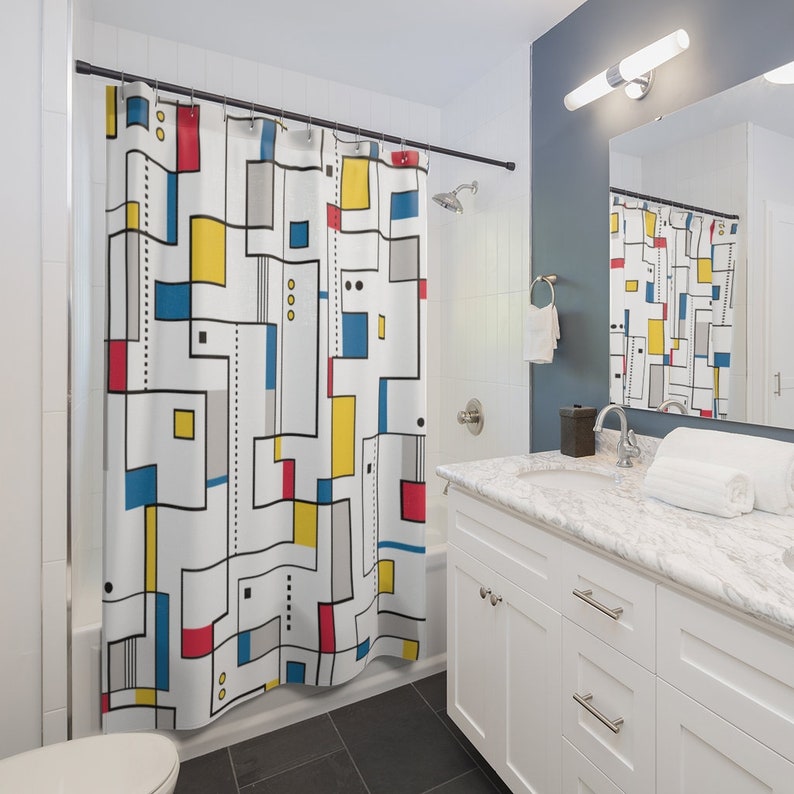 Mid Century Modern Shower Curtain, Retro Shower Curtain, Cubism Decor, 1960s Bathroom Decor - Image 2