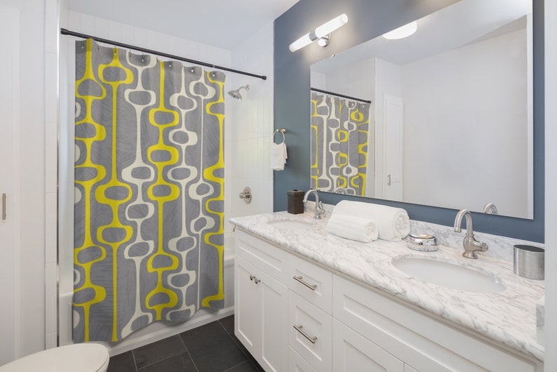 Mid Century Modern Shower Curtain, Retro Shower Curtain, Gray Shower Curtain, 1960s Bathroom Decor, Apartment Bathroom - Image 2