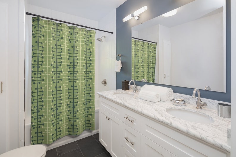 Mid Century Modern Shower Curtain, Retro Shower Curtain, Green Shower Curtain, 1960s Bathroom Decor - Image 2