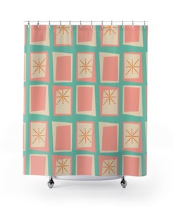 Mid Century Modern Shower Curtain, Retro Shower Curtain, Pink Shower Curtain, 1960s Bathroom Decor, Apartment Bathroom