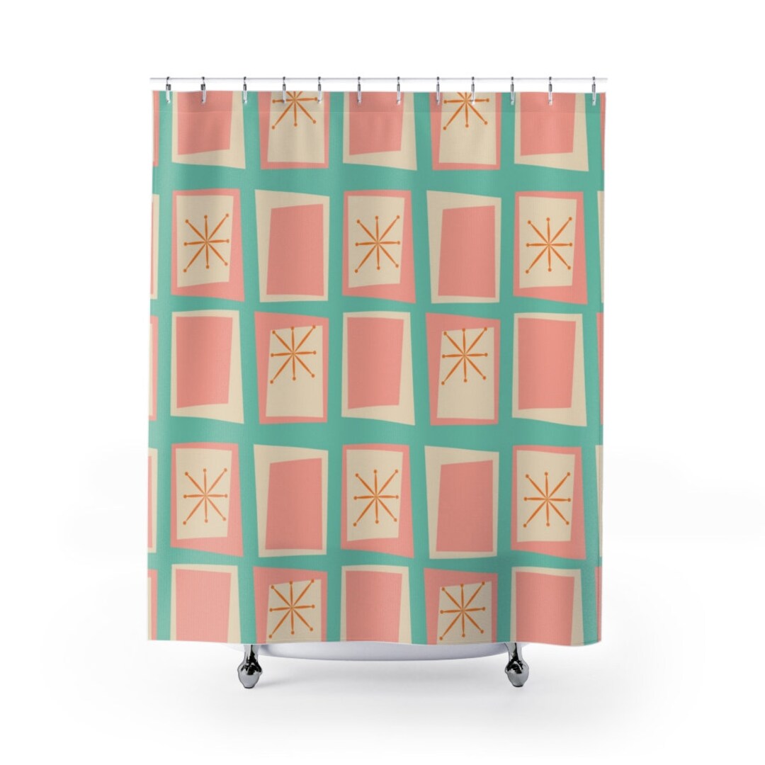 Mid Century Modern Shower Curtain, Retro Shower Curtain, Pink Shower Curtain, 1960s Bathroom Decor, Apartment Bathroom