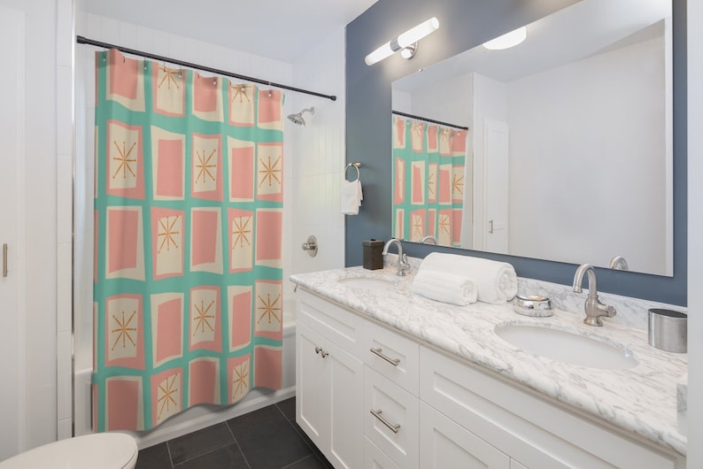 Mid Century Modern Shower Curtain, Retro Shower Curtain, Pink Shower Curtain, 1960s Bathroom Decor, Apartment Bathroom - Image 2