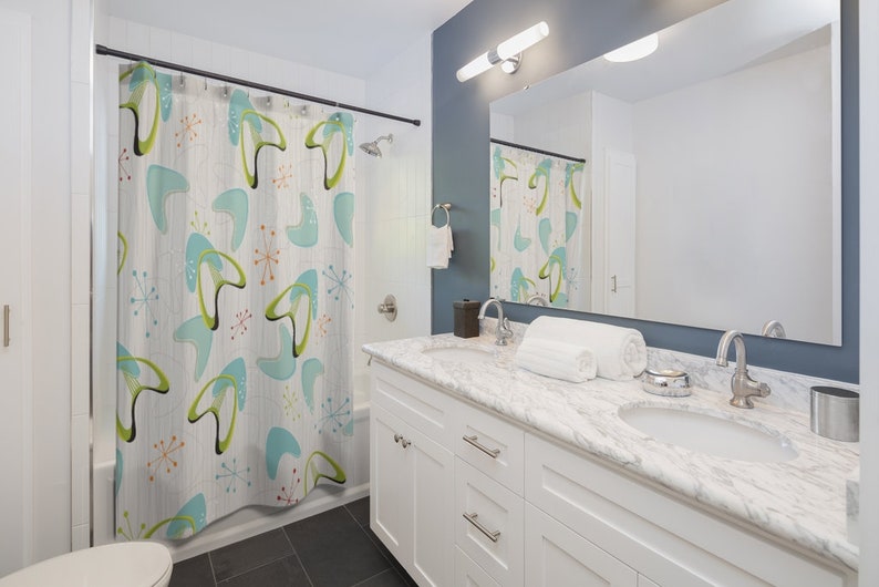 Mid Century Modern Shower Curtain, Retro Shower Curtain, Teal Shower Curtain, 1950s Bathroom Decor - Image 2