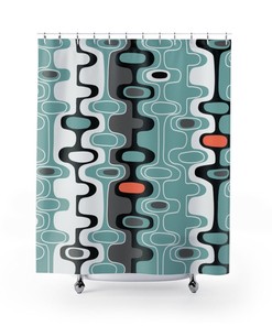 Mid Century Modern Shower Curtain, Retro Shower Curtain, Teal Shower Curtain, 1960s Bathroom Decor
