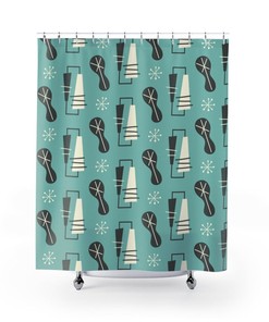 Mid Century Modern Shower Curtain, Retro Teal Shower Curtain, 1960s Bathroom Décor