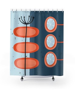 Mid Century Modern Shower Curtain, Teal Shower Curtain, 1960s Bathroom Decor