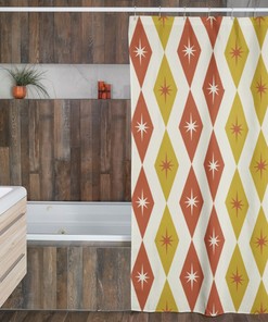 Mid Century Modern Shower Curtain With Atomic Diamonds Design, Mcm Bathroom Accessory