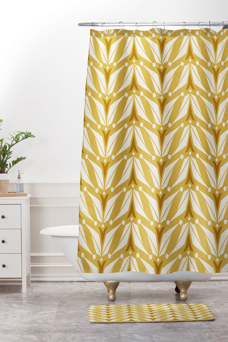 Mid Century Shower Curtain, Yellow Shower Curtain, Mid Century Decor, Geometric Shower Curtain, Retro Decor - Image 3