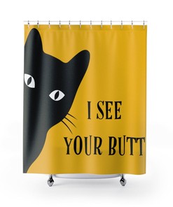 Mid Mod Cat, Funny Retro Shower Curtain, Yellow, Black, I See Your Butt