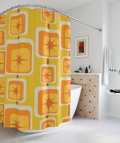 Mid Mod, Geometric, Spicey Mustard Yellow, Orange, Brown, Retro, Mid Century Modern, Atomic Starburst Home Living Shower Curtain
