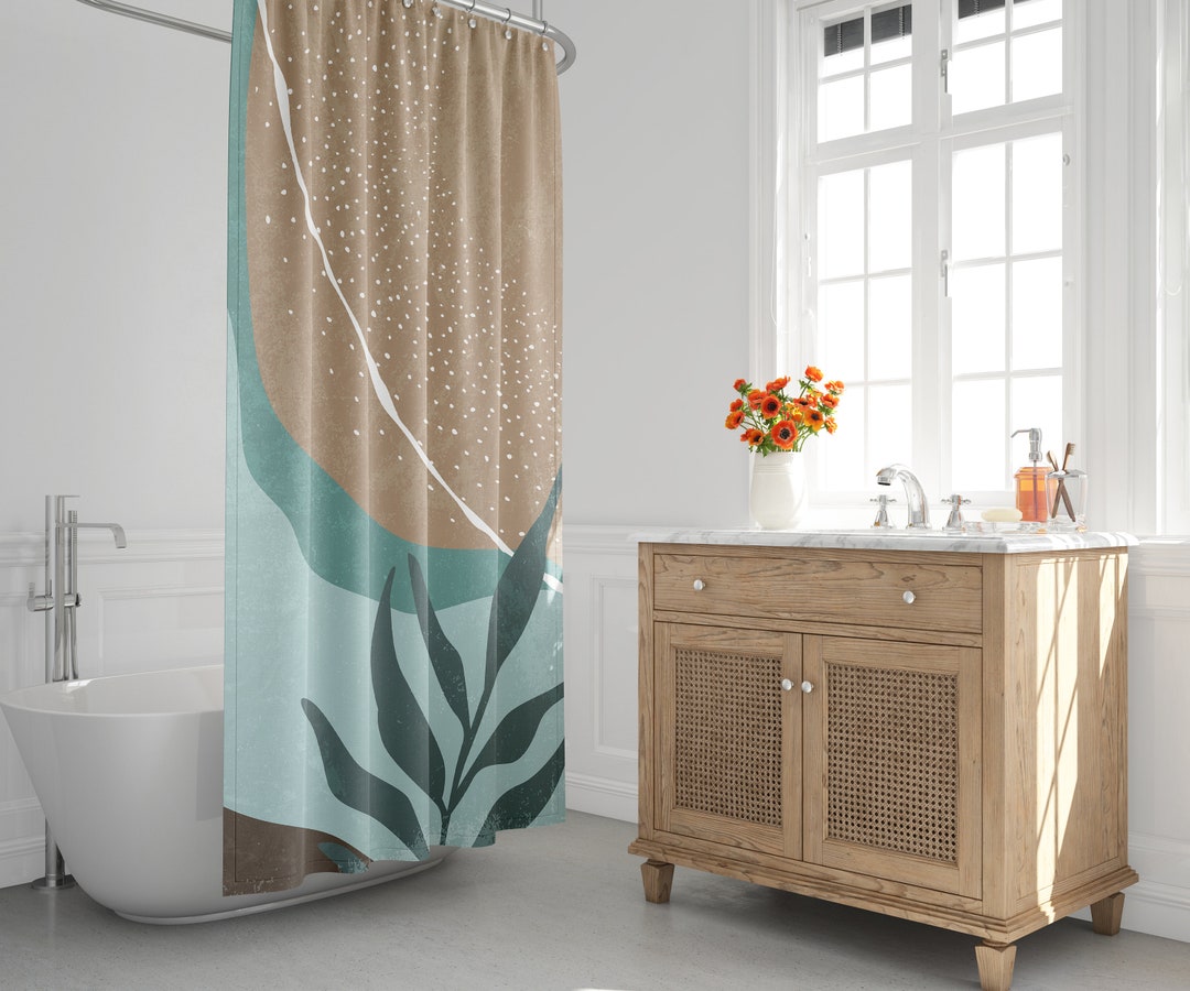 Mid-Century Abstract Minimalist Shower Curtain - Scandinavian Earth Tone Abstract Bath Curtain, Contemporary Bath Decor