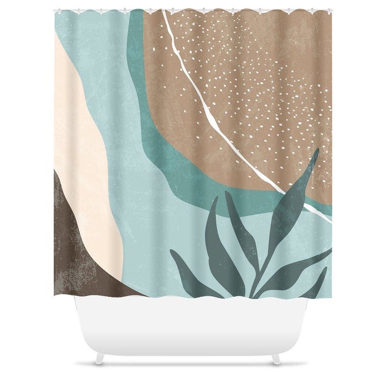 Mid-Century Abstract Minimalist Shower Curtain - Scandinavian Earth Tone Abstract Bath Curtain, Contemporary Bath Decor - Image 2