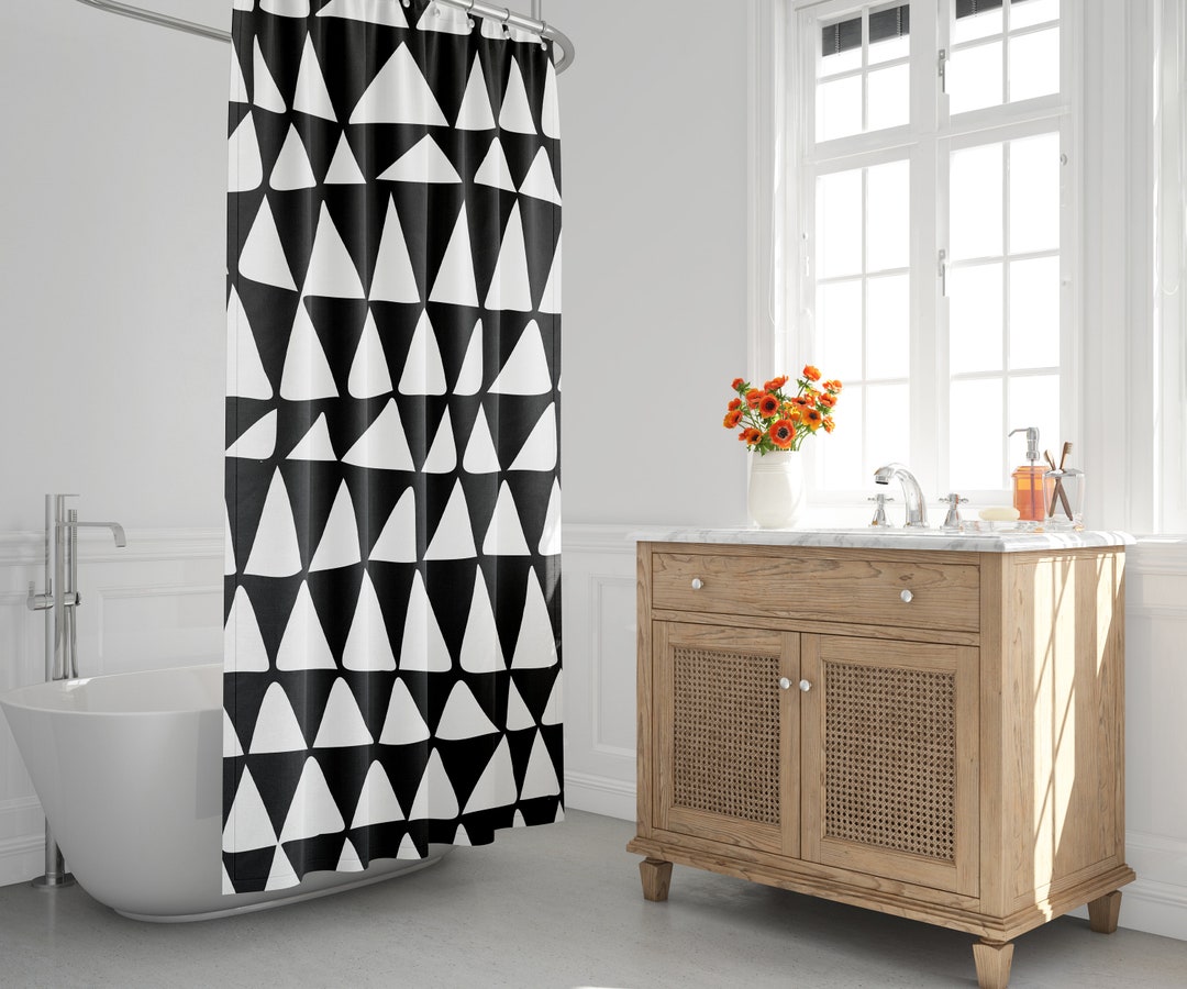 Mid-Century Black And White Minimalist Shower Curtain - Abstract Triangle Shower Curtain, Contemporary Bath Decor