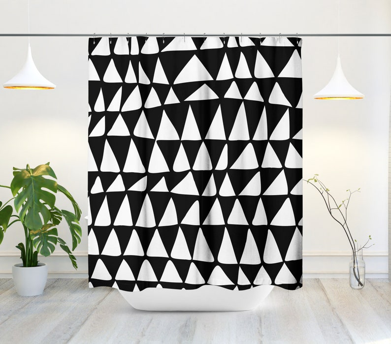 Mid-Century Black And White Minimalist Shower Curtain - Abstract Triangle Shower Curtain, Contemporary Bath Decor - Image 2