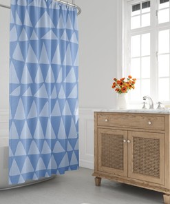 Mid-Century Blue Minimalist Abstract Triangle Shower Curtain - Tribal Zig Zag Bath Curtain, Boho Contemporary Bath Decor