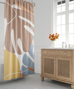 Mid-Century Large Pastel Leafs Minimalist Geometric Shower Curtain - Tropical Foliage Leafs Bath Shower Curtain, Modern Bath Decor