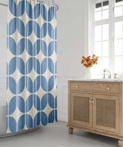 Mid-Century Light Blue And Beige Minimalist Geometric Shower Curtain - Retro Bath Shower Curtain, Modern Bath Decor, House Warming Gift