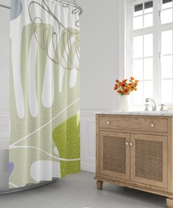Mid-Century Minimalist Abstract Leaf Shower Curtain - Scandi Muted Green Tone Abstract Bath Curtain, Modern Bath Decor