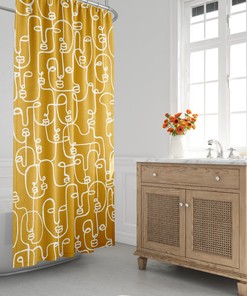 Mid-Century Modern Shower Curtain, Boho Bath Curtain, Faces, Abstract, Minimalist, Contemporary, Continous Line Face, House Warming