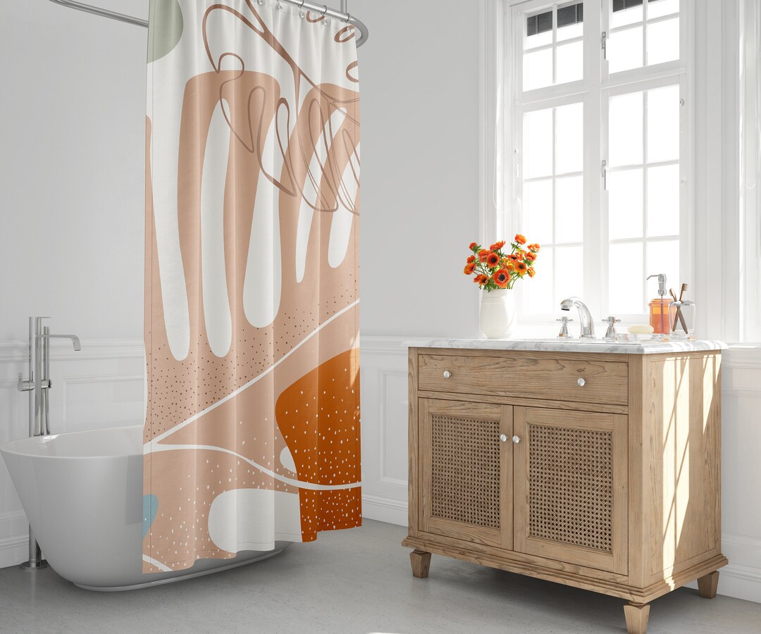 Mid-Century Modern Shower Curtain, Boho Bath Curtain, Tropical Leaf, Autumn, Botanical, Plants, Foliage, Bath Decor