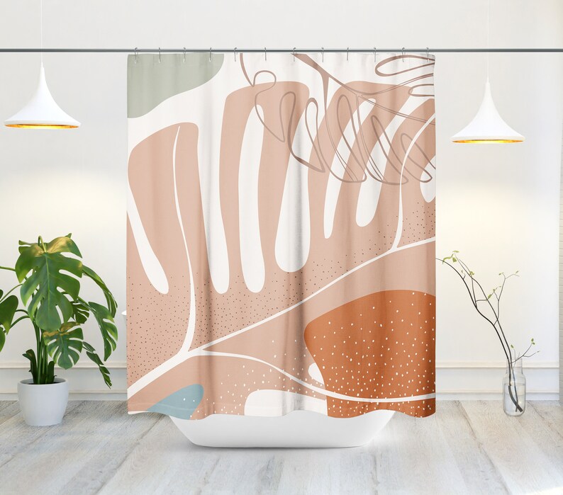 Mid-Century Modern Shower Curtain, Boho Bath Curtain, Tropical Leaf, Autumn, Botanical, Plants, Foliage, Bath Decor - Image 3