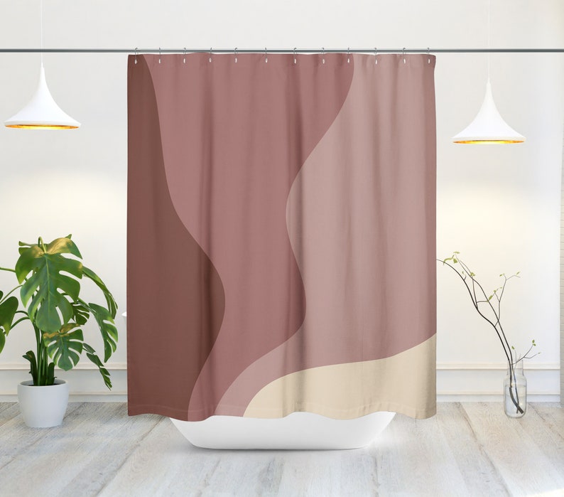 Mid-Century Modern Shower Curtain, Minimalist Bath Curtain, Ombre, Abstract, Wavy, Scandinavian, Modern, Contemporary, Decor - Image 2