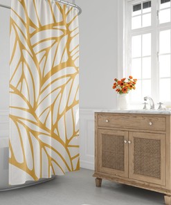 Mid-Century Modern Shower Curtain, Minimalist Bath Curtain, Yellow, Abstract, Tropical Leaf, Botanical, Plants, Foliage, Modern Bath Decor