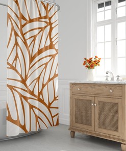 Mid-Century Modern Shower Curtain, Orange, Minimalist Bath Curtain, Abstract, Tropical Leaf, Botanical, Plants, Foliage, Modern Bath Decor
