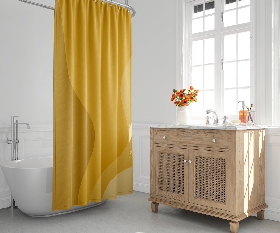 Mid-Century Modern Shower Curtain, Yellow, Minimalist Bath Curtain, Ombre, Abstract, Wavy, Scandinavian, Modern, Contemporary, Decor