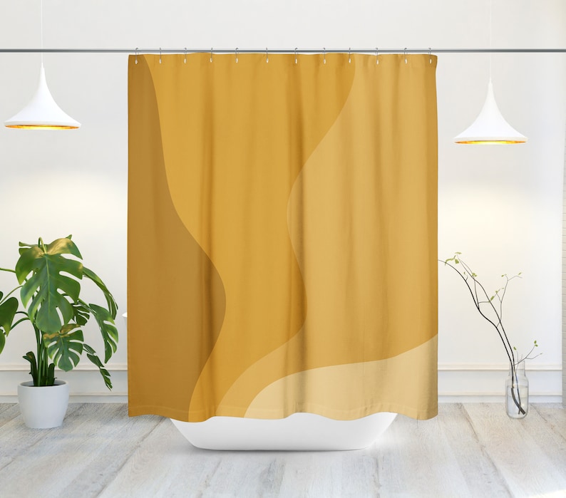 Mid-Century Modern Shower Curtain, Yellow, Minimalist Bath Curtain, Ombre, Abstract, Wavy, Scandinavian, Modern, Contemporary, Decor - Image 2