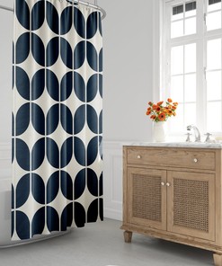 Mid-Century Navy Blue And Beige Minimalist Geometric Shower Curtain - Retro Bath Shower Curtain House Warming Gift