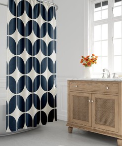 Mid-Century Navy Blue And Beige Minimalist Geometric Shower Curtain - Retro Bath Shower Curtain, Modern Bath Decor, House Warming Gift