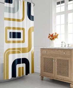 Mid-Century Navy Blue, White And Gold Abstract Minimalist Lines Shower Curtain - Geometric Bath Shower Curtain, Modern Bath Decor