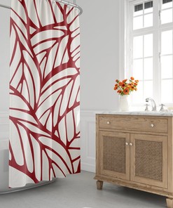 Mid-Century Shower Curtain, Red Bath Curtain, Tropical, Leafs, Botanical, Minimalist, Abstract, Modern, Plants, Foliage, Contemporary