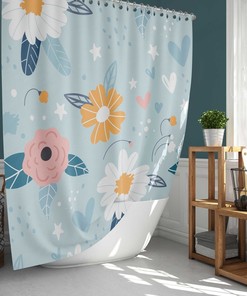 Midnight Nordic Flowers Shower Curtain, Botanical Floral Stars Scandinavian Design