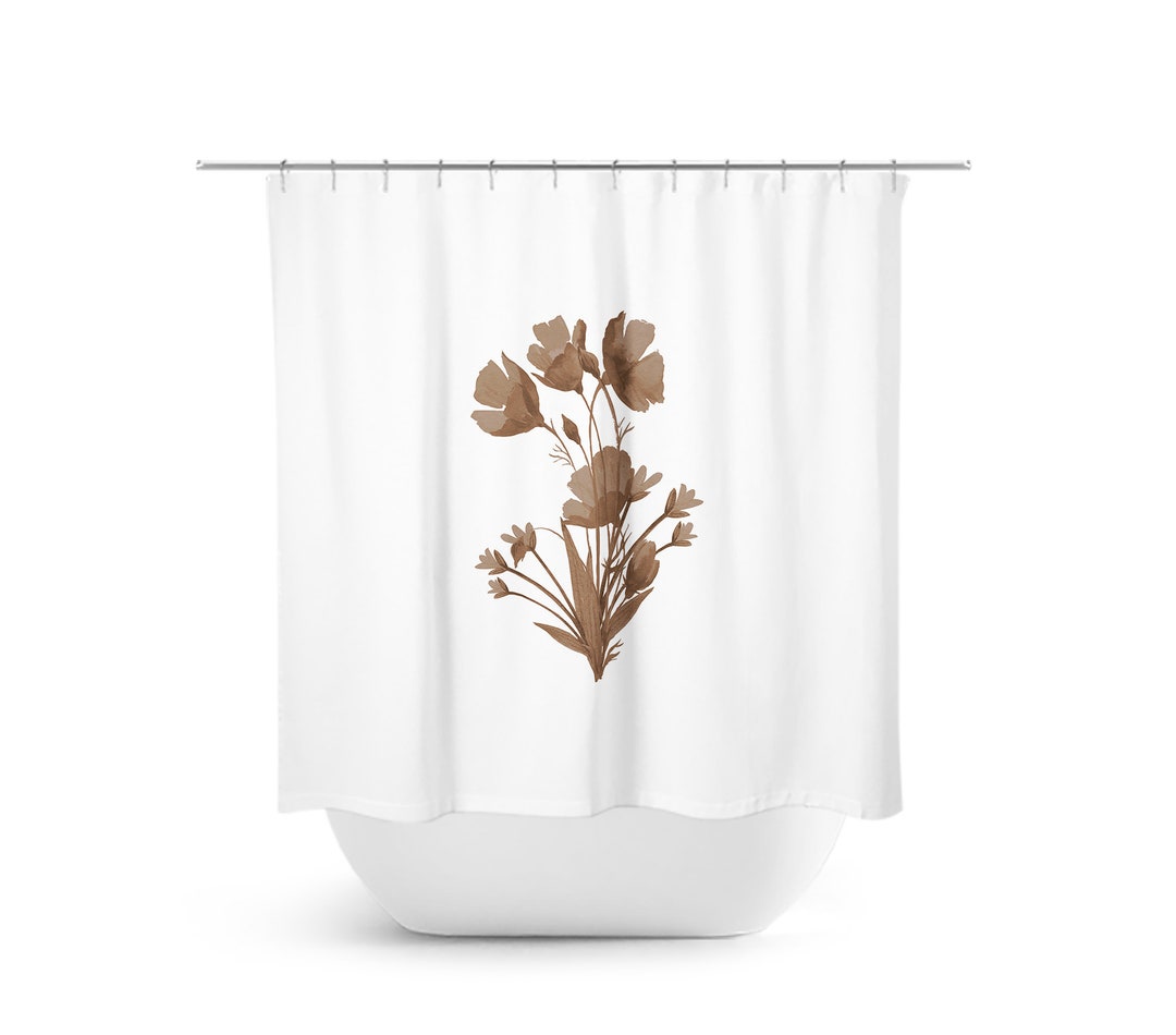 Minimalist Bathroom, Farmhouse Bathroom Decor, Flowers Shower Curtain, Flower Bath Curtain, Brown Bathroom
