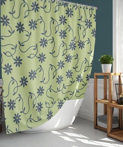 Minimalist Blue Green Floral Shower Curtain, Simple Flowers Leaves Linen Bathroom Curtain, Home Bath Decor Accessories