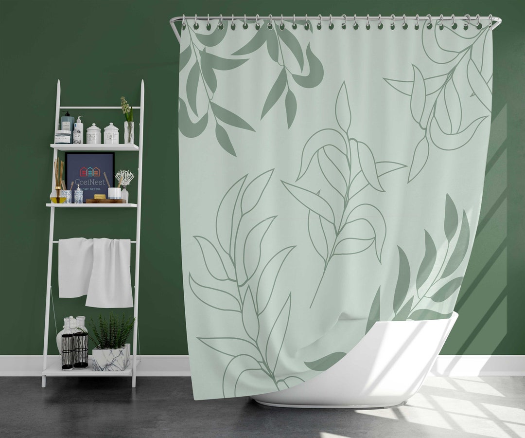 Minimalist Blue Green Leaves Shower Curtain, Botanical Tropical Simple Leaf Fabric Bathroom Curtain, House Warming Gift