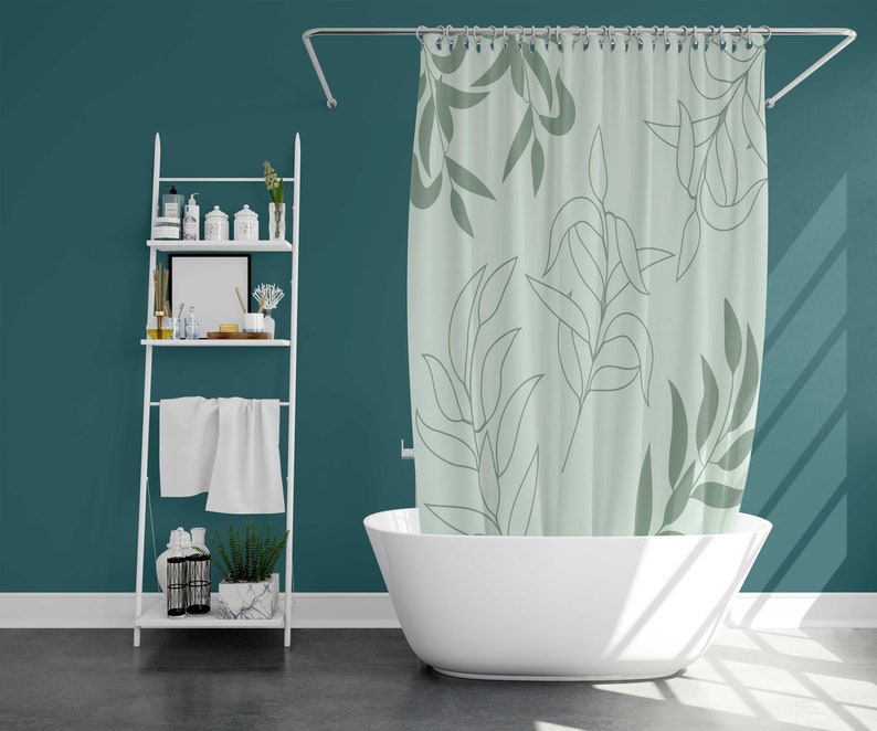 Minimalist Blue Green Leaves Shower Curtain, Botanical Tropical Simple Leaf Fabric Bathroom Curtain, House Warming Gift - Image 2