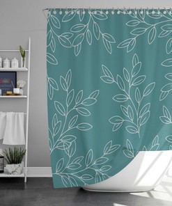 Minimalist Blue White Leaves Shower Curtain, Simple Botanical Floral Leaf Fabric Bathroom Curtain