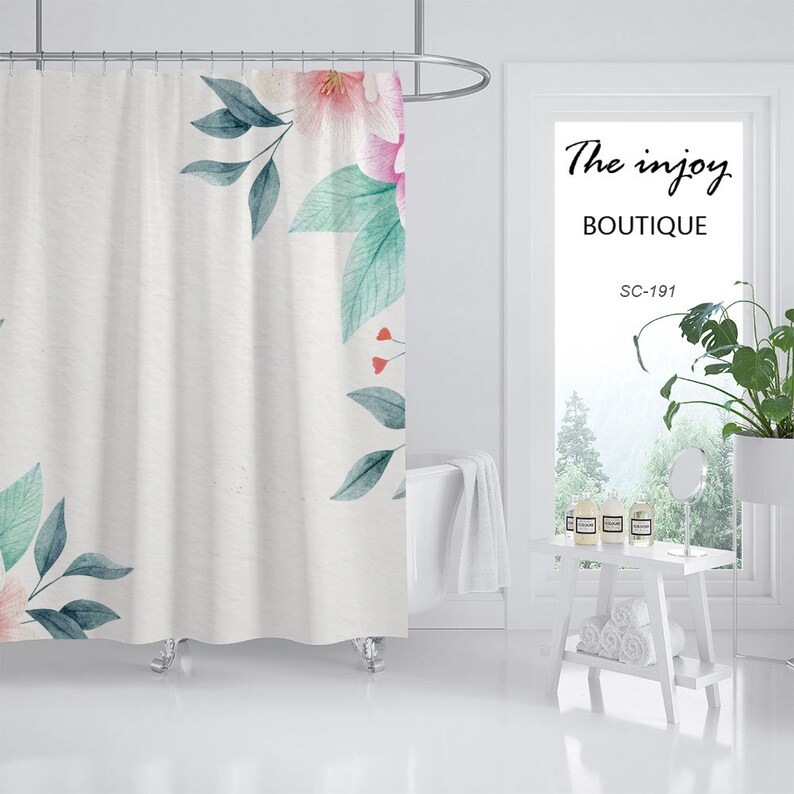 Minimalist Flowers Shower Curtain, Plant Floral Bathroom Decor, Minimalist Waterproof Washable Bath Curtain - Image 2