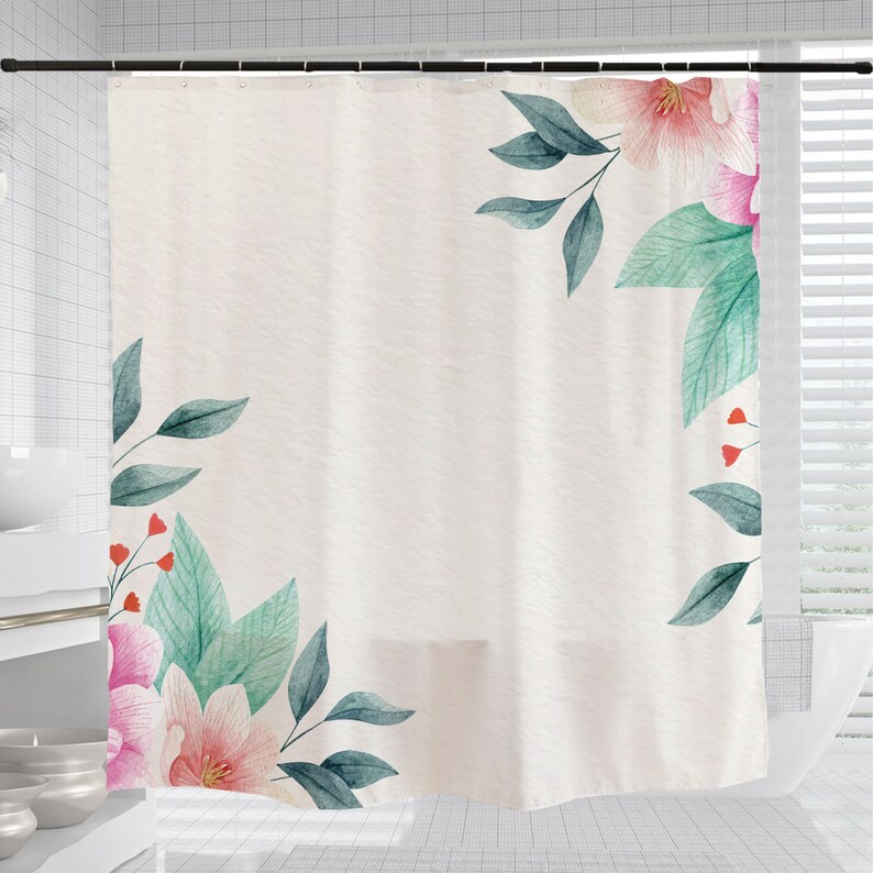 Minimalist Flowers Shower Curtain, Plant Floral Bathroom Decor, Minimalist Waterproof Washable Bath Curtain - Image 3