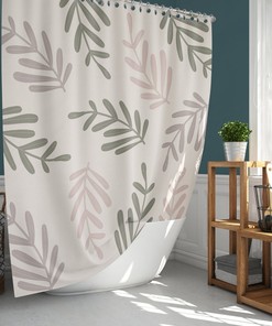 Minimalist Green Pink Leaves Shower Curtain, Simple Foliage Floral Print, Linen Bathroom Curtain, House Warming Gift