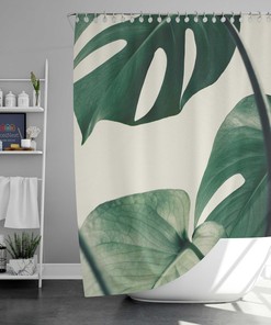 Minimalist Monstera Leaves Shower Curtain, Botanical Tropical Simple Green Fabric Bathroom Curtain, House Warming Gift
