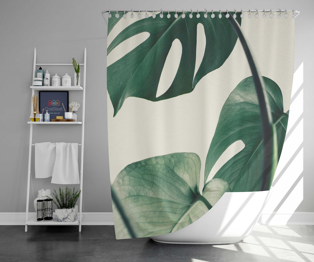 Minimalist Monstera Leaves Shower Curtain, Botanical Tropical Simple Green Fabric Bathroom Curtain, House Warming Gift