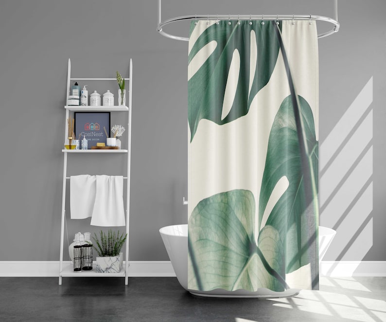 Minimalist Monstera Leaves Shower Curtain, Botanical Tropical Simple Green Fabric Bathroom Curtain, House Warming Gift - Image 2