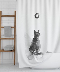 Minimalist Shower Curtains, Cat And Moon Black And White Watercolor Bath Curtain