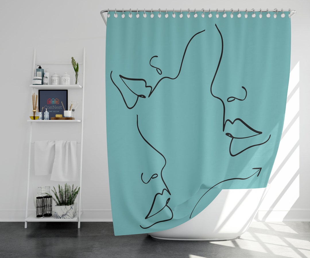 Minimalist Woman Face Shower Curtain, Female Silhouette Line Drawing, House Warming Gift