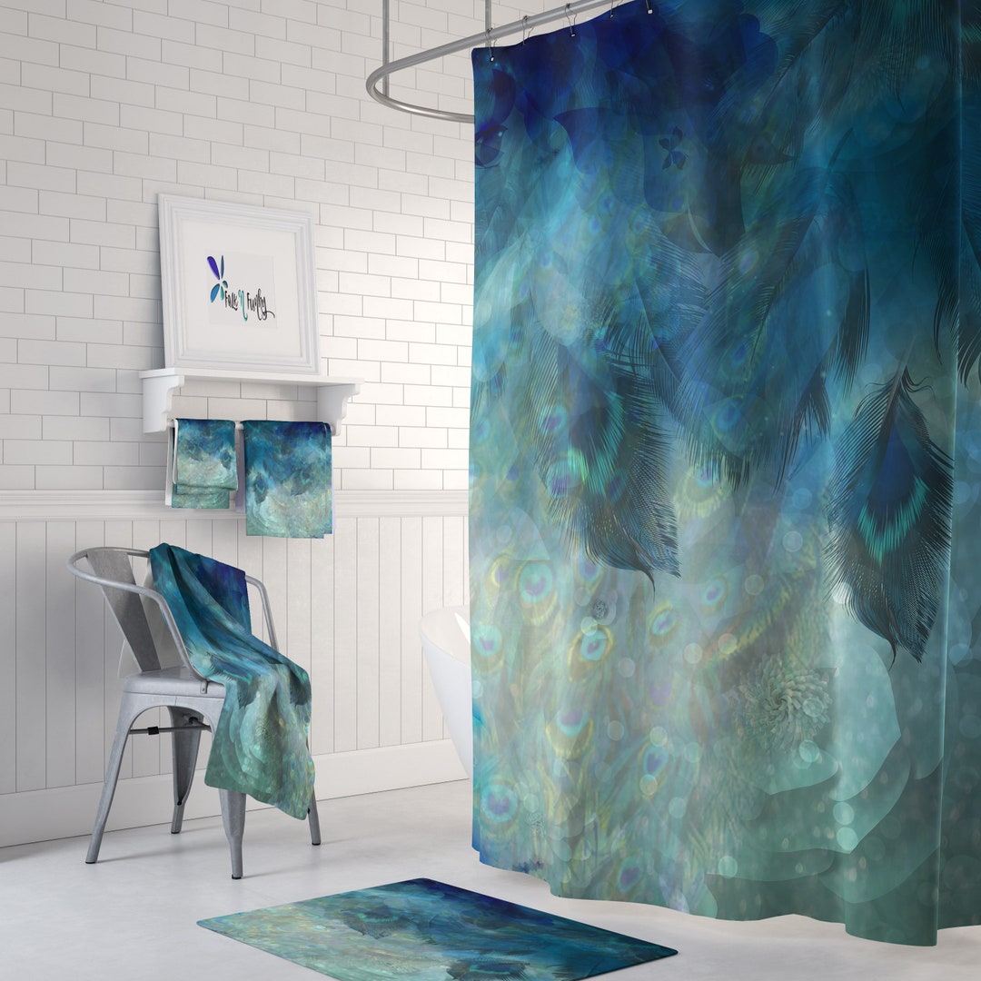 Misty Peacock Shower Curtain Bath Mat and Towels Available