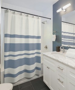 Modern Stripes Shower Curtain, Minimalist Shower Curtain, Modern Farmhouse Shower Curtain, Blue and White Curtain